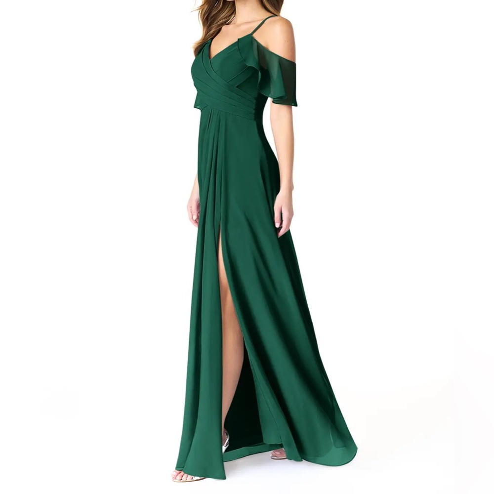 Azazie Dakota Emerald A-line V-neck pleated chiffon dress Cold Shoulder - Picture 5 of 7